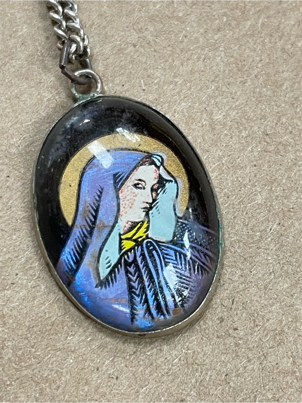 Vintage Butterfly Wing Blessed Virgin Mary Mother of Sorrows Pendant on Necklace